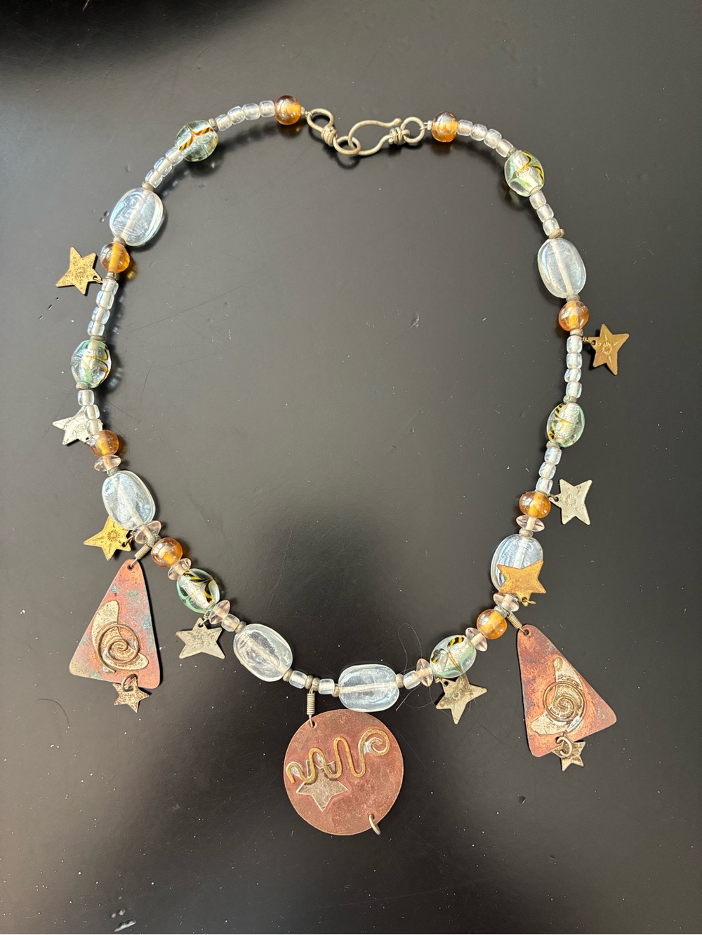Whimsical Handmade Beaded and Copper Necklace with silver tone clasp and accents